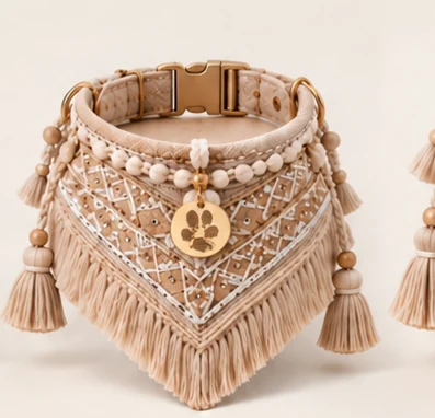 AI concept image of the medium size wraparound boho collar with fringe and a gold-tone paw-print charm.