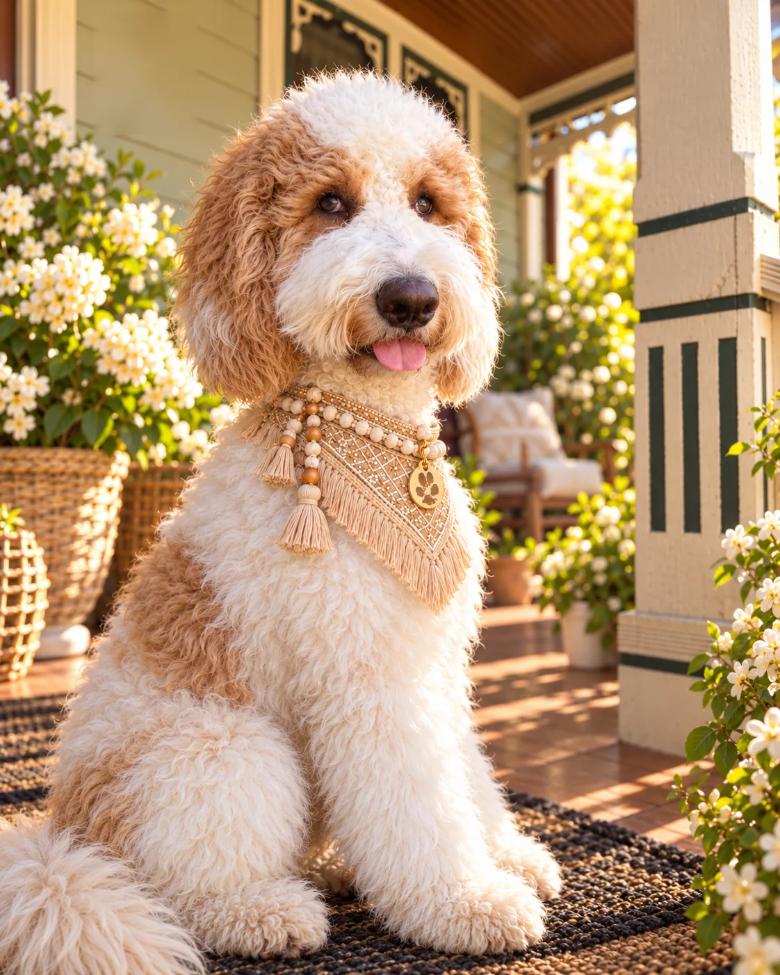 AI concept image of Mia modeling the signature collar in warm afternoon light.